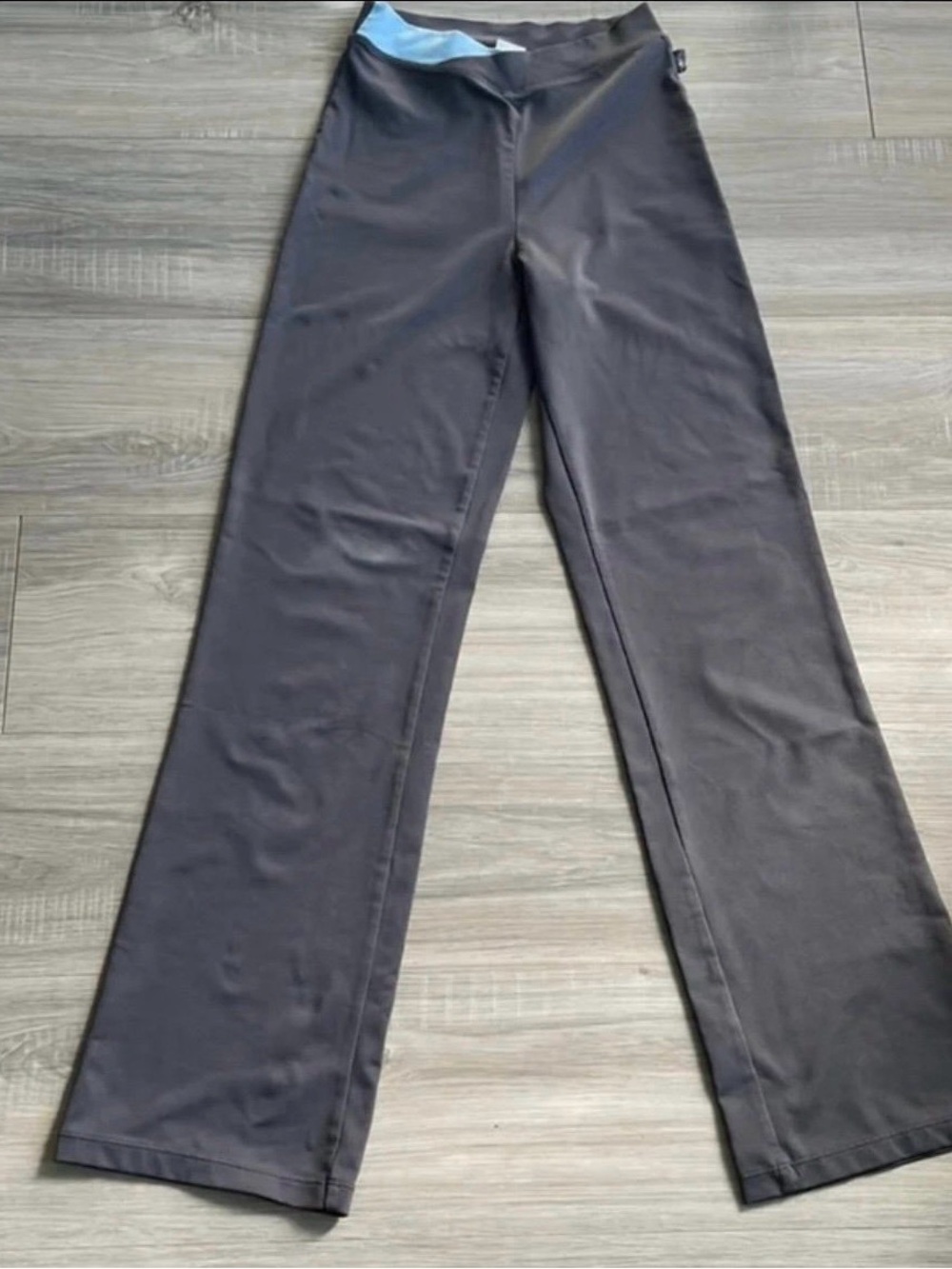 Avia Women’s Gray Flare Leg Activewear Pants with Blue Waistband Detail Size S
